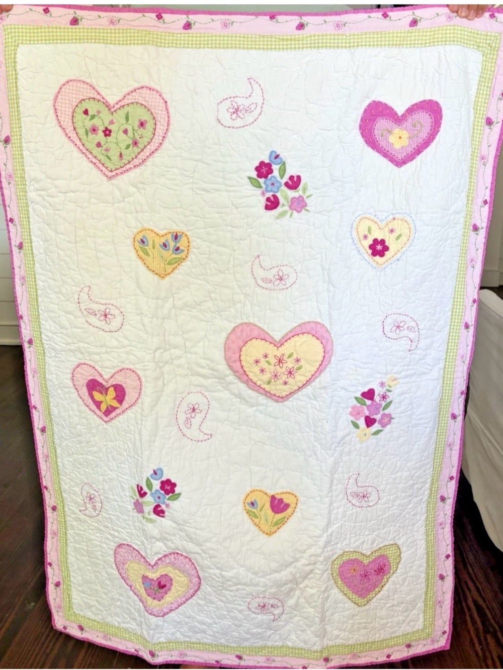 Vintage POTTERY BARN KIDS Crib Toddler Quilt Blanket Pink Green Gingham Hearts